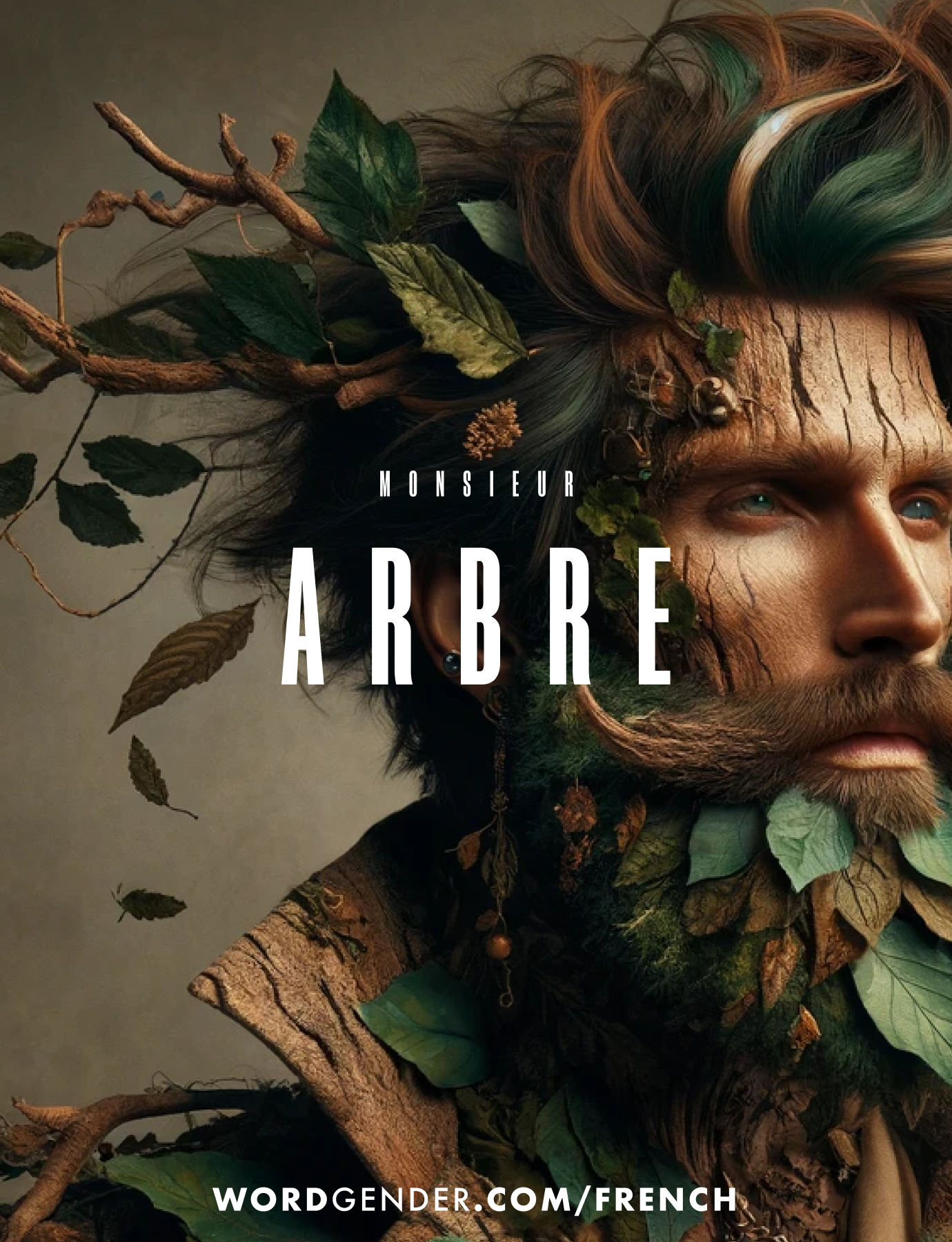 Image of a model with features resembling a tree, incorporating elements like branches, leaves, and bark. The model's hair blends seamlessly with twigs and leaves, creating a natural, woodland look. His beard and mustache are entwined with greenery, and his skin has a textured, bark-like appearance. The background is a muted, earthy tone, enhancing the organic feel. The word 'ARBRE' is prominently displayed in the center in bold, white letters, with 'MONSIEUR' in smaller text above it. At the bottom, the text 'WORDGENDER.COM/FRENCH' is visible in white.