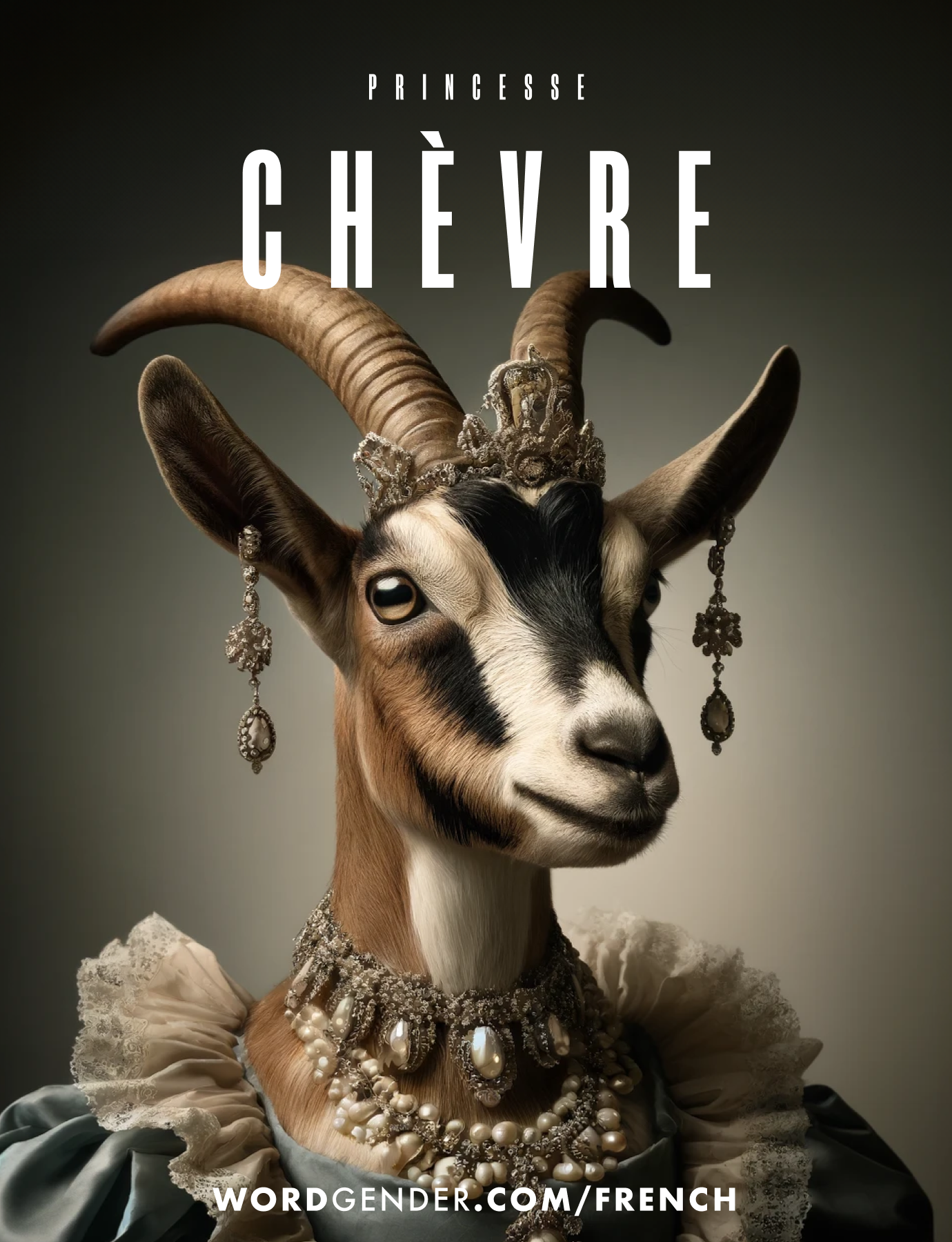 An image featuring a regal goat adorned with an ornate crown and elaborate jewelry. The goat, with a dignified expression, wears a pearl-encrusted tiara, matching chandelier earrings, and a luxurious necklace. It is also dressed in a ruffled, elegant garment that adds to its royal appearance. The background is a muted gradient of dark to light grey, highlighting the figure. The text 'Princesse Chèvre' is prominently displayed in bold white letters at the top, with 'wordgender.com/french' in smaller text at the bottom.