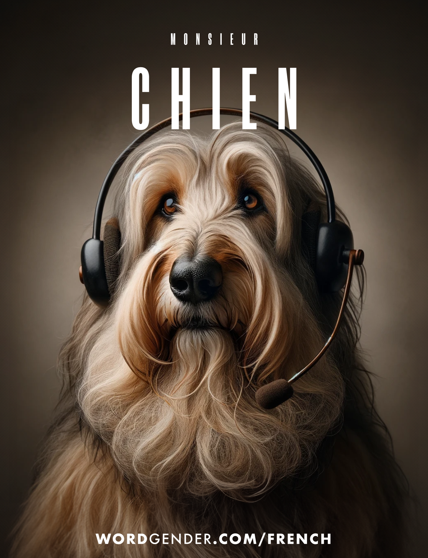 Image of a sophisticated dog with long, wavy fur wearing a headset with a microphone, giving the appearance of a professional or customer service representative. The background is a gradient of warm tones, emphasizing the dog's detailed and expressive features. The text above the dog reads 'Monsieur Chien' in bold white letters, and below the image, there is a website link: 'wordgender.com/french'.