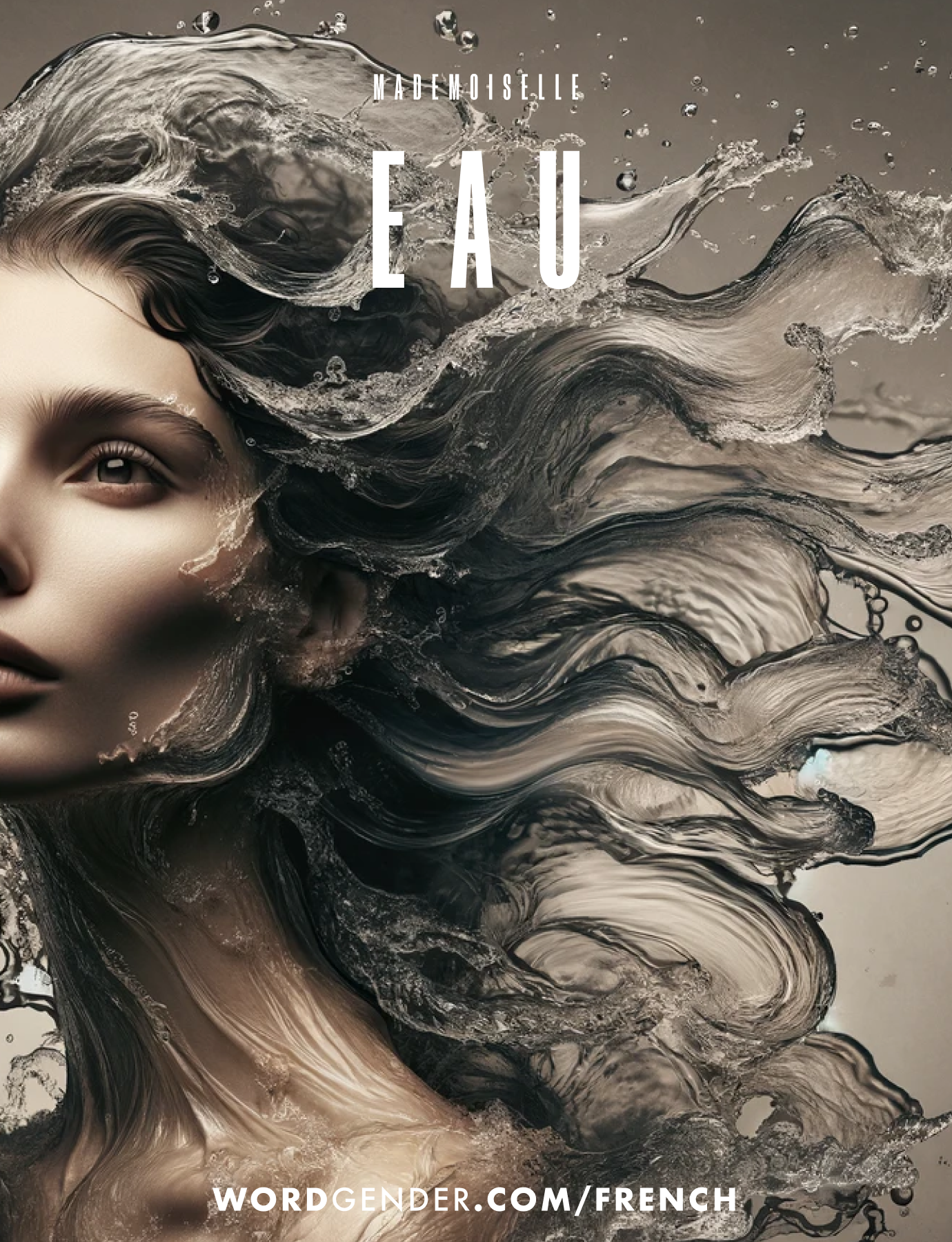 Image of a serene-faced model with long hair that seamlessly transforms into flowing water, creating an ethereal and fluid appearance. The water streams and waves blend into the background, which is a muted, earthy tone. The model's expression is calm and peaceful, complementing the natural, watery elements surrounding her. The word 'EAU' is prominently displayed above the model in bold, white letters, with 'MADEMOISELLE' in smaller text above it. At the bottom, the text 'WORDGENDER.COM/FRENCH' is visible in white.