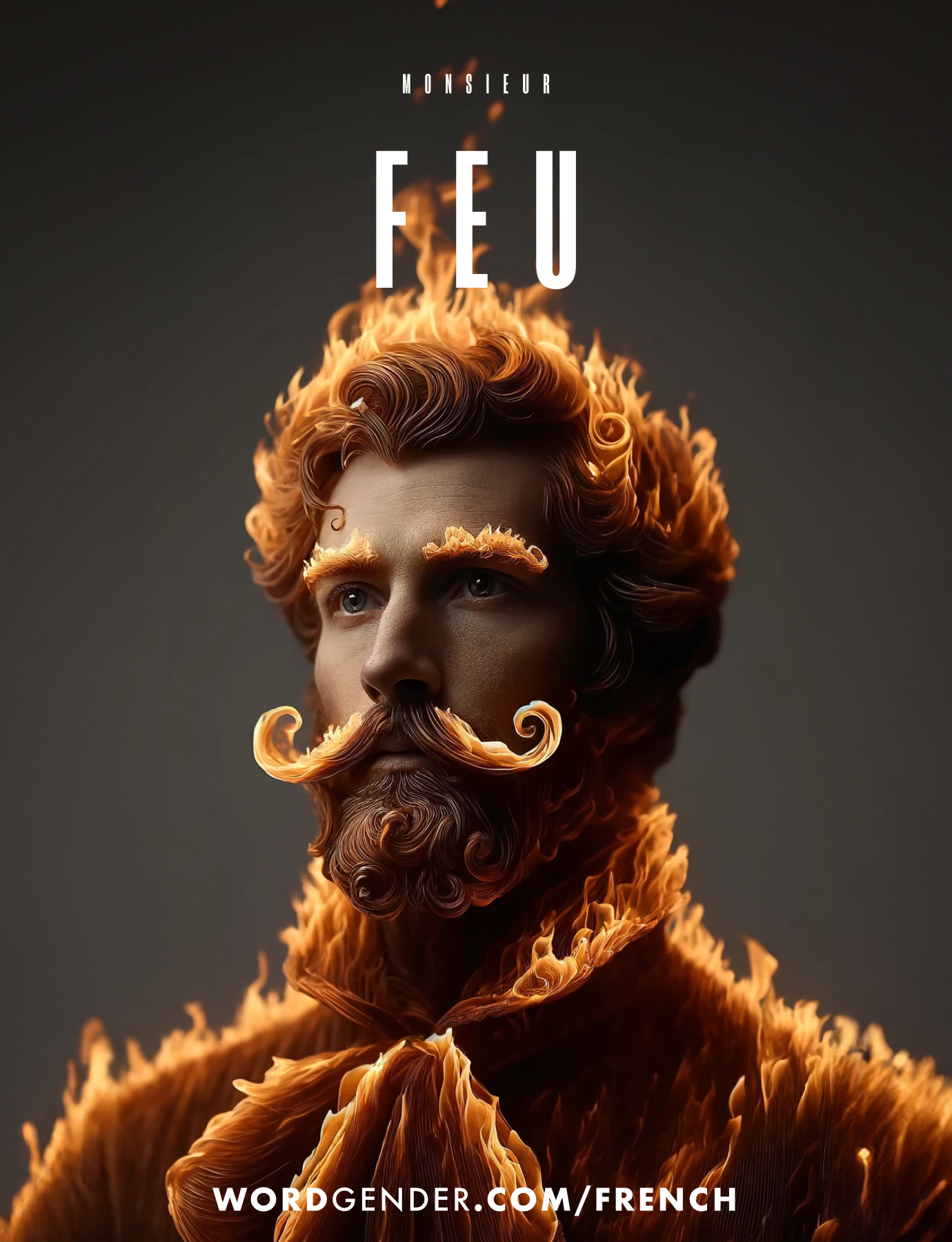 Image of a model with a fiery theme, featuring clothes, hair, beard, mustache and eyebrows made of vibrant, swirling flames. The model has a strong, chiseled face with an intense, focused expression. His fiery hair and beard are meticulously styled, with flames flickering upwards, creating a dramatic effect. The background is a dark gradient, enhancing the contrast and highlighting the vivid flames. The word 'FEU' is boldly displayed above the model in white letters, with 'MONSIEUR' in smaller text above it. At the bottom, the text 'WORDGENDER.COM/FRENCH' is visible in white.