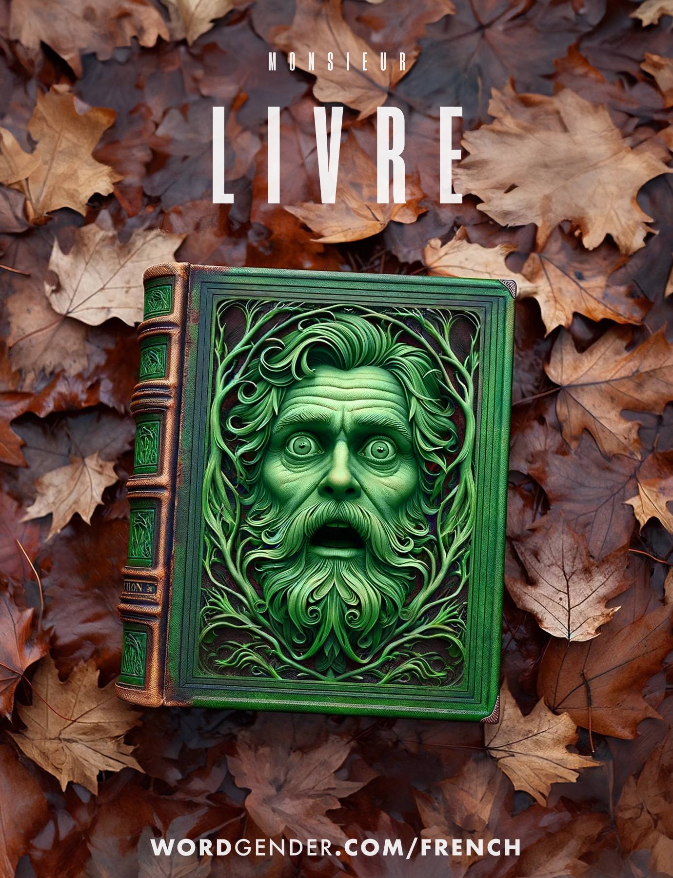 An intricately designed green book with a sculpted face on its cover lies on a bed of fallen autumn leaves. The face, surrounded by swirling leaf-like patterns, has an expression of surprise or shock. The background consists of dry, brown leaves, adding a rustic and seasonal feel to the image. Above the book, the word 'MONSIEUR' is written in small white letters, and below it, the large word 'LIVRE' is prominently displayed. At the bottom of the image, the text 'WORDGENDER.COM/FRENCH' is visible.