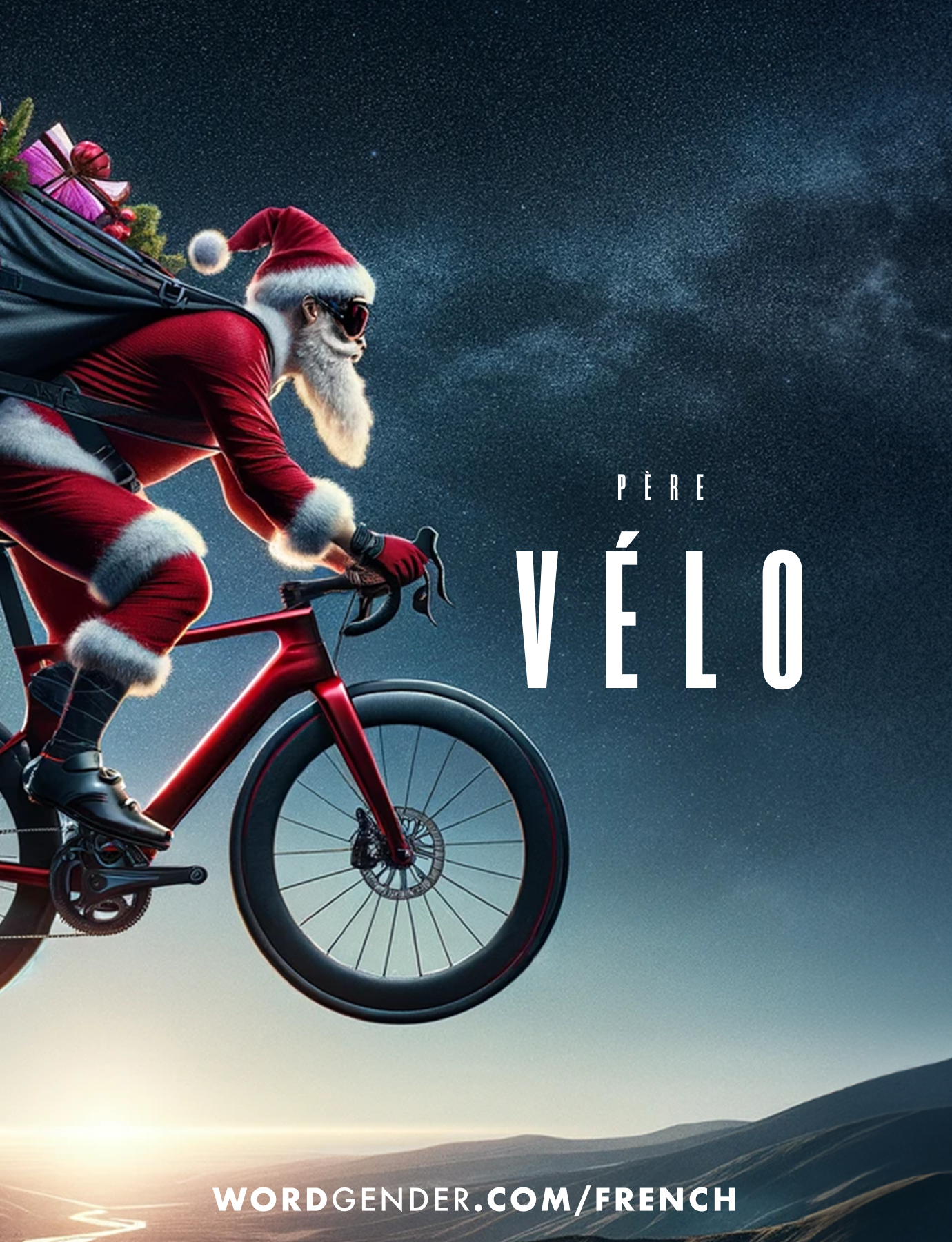 A dynamic image that features Santa Claus riding a sleek red bicycle against a night sky backdrop. Santa is dressed in his traditional red suit with white fur trim, complete with a hat and sunglasses. He carries a large sack filled with wrapped gifts and a Christmas wreath. The background showcases a starry sky, adding a sense of wonder and adventure. Bold white text on the right reads 'Père Vélo,' while the bottom displays the website link 'wordgender.com/french.' The image conveys a festive and modern twist on Santa's journey, emphasizing speed and efficiency.