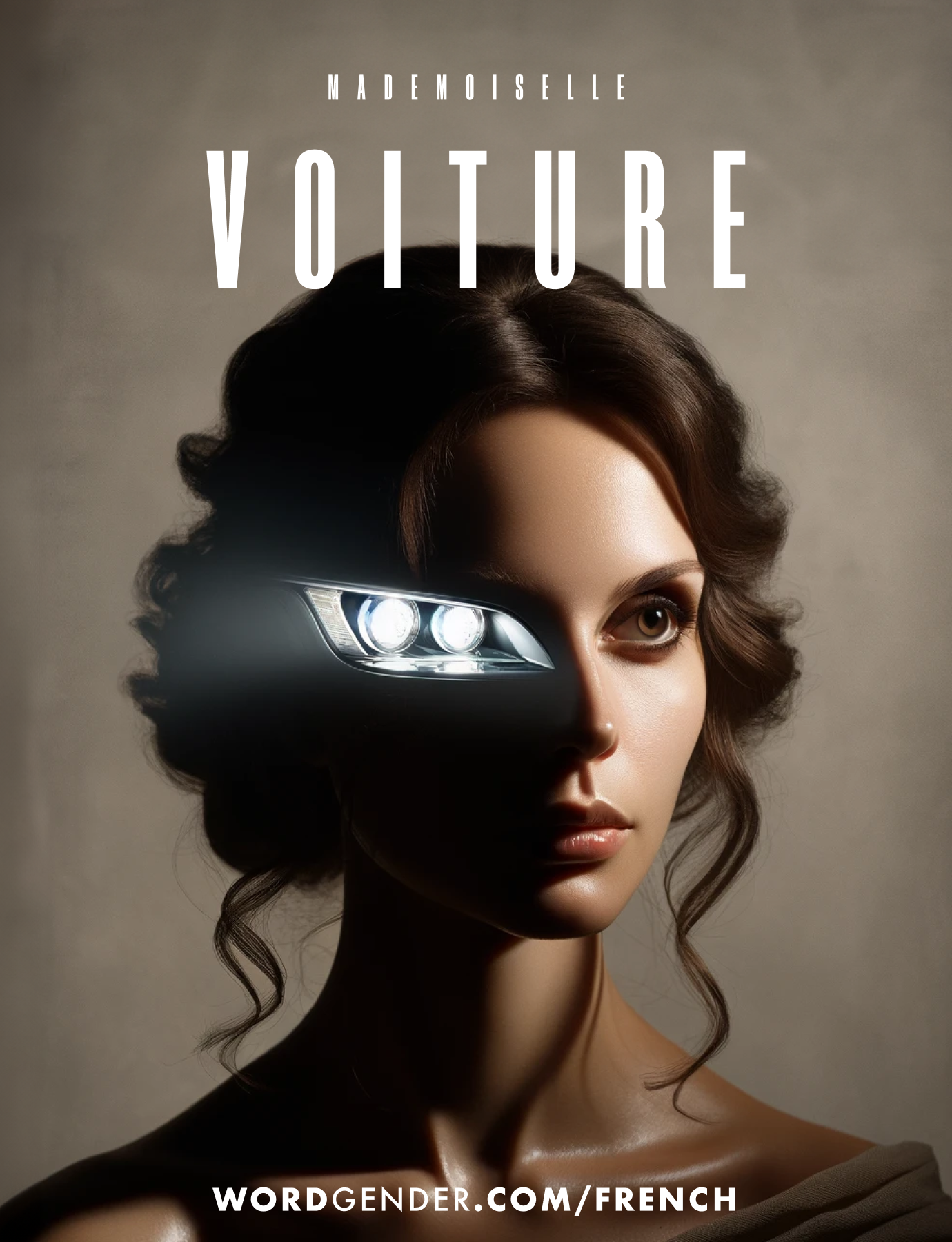 A surreal image that features a woman with dark, wavy hair styled elegantly, her face partially merged with the headlight of a car. The headlight, emitting a bright light, replaces her right eye. The background is a muted grey, creating a stark contrast that emphasizes the blend of human and machine. Bold, white text at the top reads 'Mademoiselle Voiture,' while the bottom features a website link 'wordgender.com/french.' The overall composition is a striking fusion of beauty and technology, suggesting a futuristic and avant-garde theme.